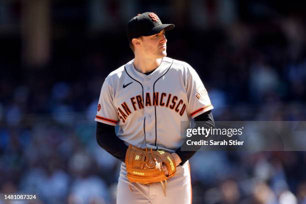 Ross Stripling of the San Francisco Giants pitches during the first inning against the New York Yankees at Yankee Stadium on April 02, 2023 in the...