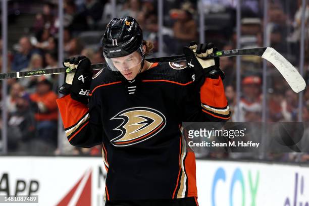 Trevor Zegras of the Anaheim Ducks looks on during the second period of a game against the Colorado Avalanche at Honda Center on April 09, 2023 in...