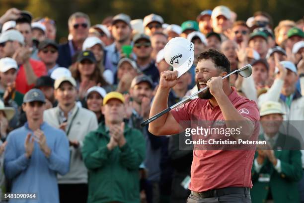 Jon Rahm of Spain celebrates on the 18th green after winning the 2023 Masters Tournament at Augusta National Golf Club on April 09, 2023 in Augusta,...