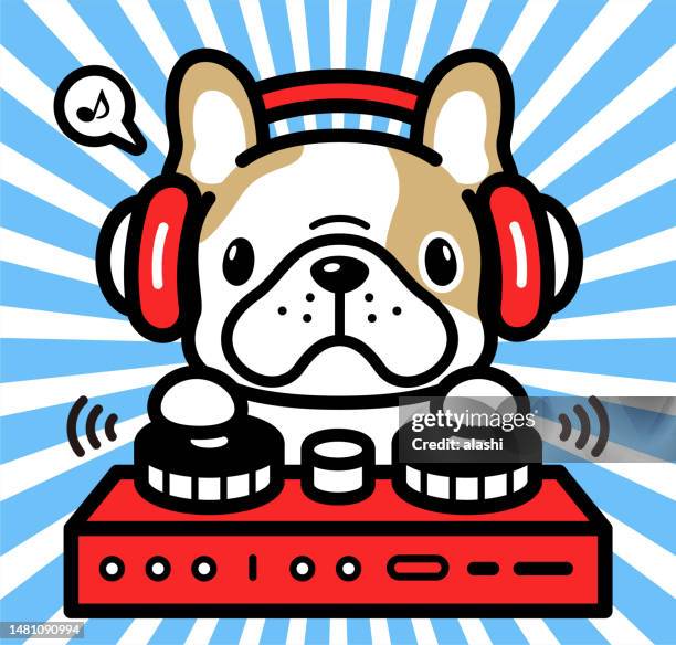 cute character design of a french bulldog wearing headphones and playing on turntables - dog dj stock illustrations