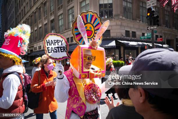 People wearing Easter bonnets participate in the annual Easter Parade at the Fifth Avenue on April 9, 2023 in New York City.