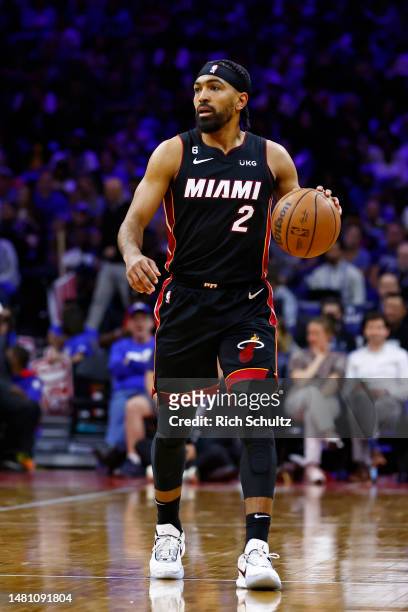 Gabe Vincent of the Miami Heat in action against the Philadelphia 76ers during a game at Wells Fargo Center on April 6, 2023 in Philadelphia,...