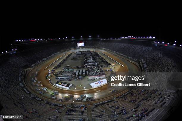 General view of racing during the NASCAR Cup Series Food City Dirt Race at Bristol Motor Speedway on April 09, 2023 in Bristol, Tennessee.