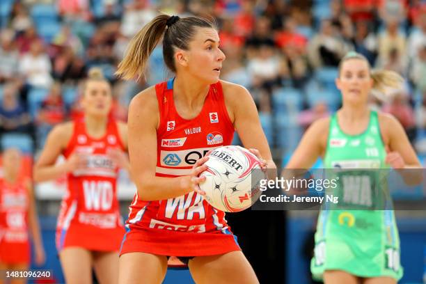 Maddy Proud of the Swifts look to pass during the round four Super Netball match between NSW Swifts and West Coast Fever at Ken Rosewall Arena, on...