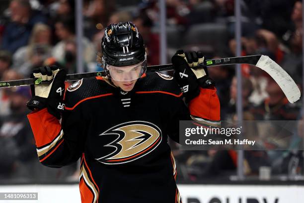 Trevor Zegras of the Anaheim Ducks looks on during the second period of a game against the Colorado Avalanche at Honda Center on April 09, 2023 in...