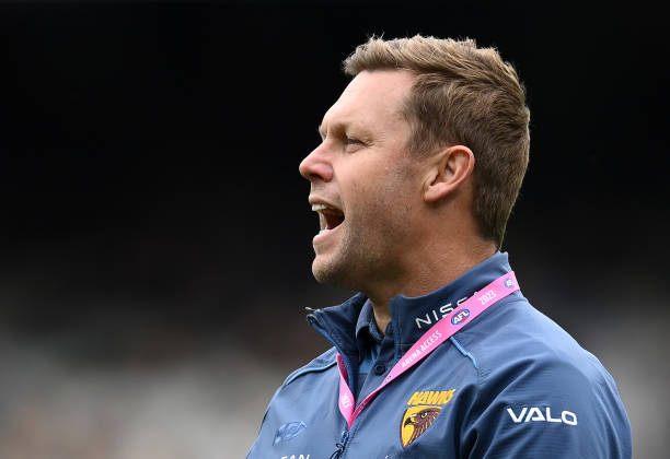 Hawks head coach Sam Mitchell looks on during the round four AFL match between Geelong Cats and Hawthorn Hawks at Melbourne Cricket Ground, on April...