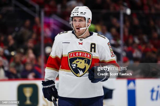 Matthew Tkachuk of the Florida Panthers looks on against the Washington Capitals during the first period of the game at Capital One Arena on April 8,...