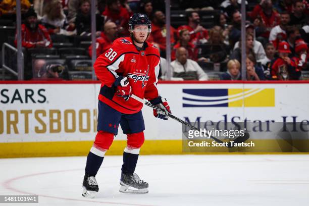 Rasmus Sandin of the Washington Capitals in action against the Florida Panthers during the first period of the game at Capital One Arena on April 8,...