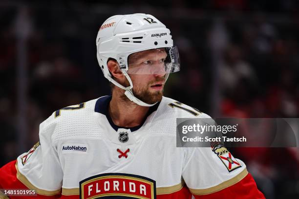 Eric Staal of the Florida Panthers looks on against the Washington Capitals during the second period of the game at Capital One Arena on April 8,...
