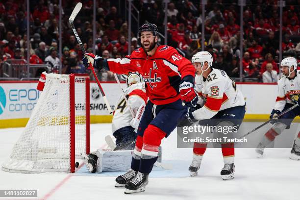 Tom Wilson of the Washington Capitals celebrates after scoring a goal against Alex Lyon of the Florida Panthers during the second period of the game...