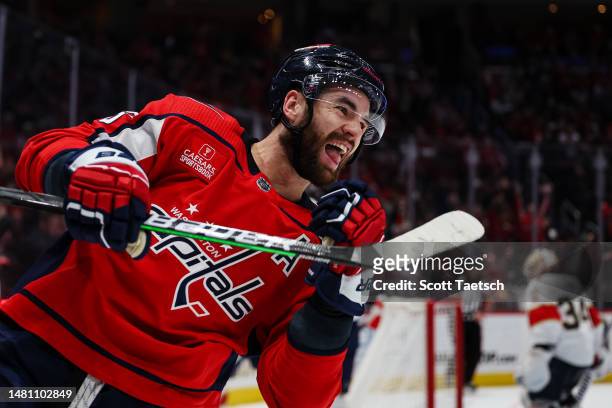 Tom Wilson of the Washington Capitals celebrates after scoring a goal against Alex Lyon of the Florida Panthers during the second period of the game...