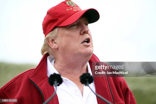 Donald Trump addresses his guests and the media before the opening of The Trump International Golf Links Course on July 10, 2012 in Balmedie,...