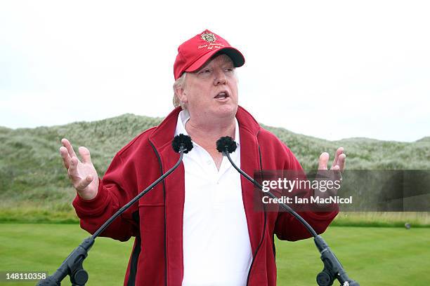 Donald Trump addresses his guests and the media before the opening of The Trump International Golf Links Course on July 10, 2012 in Balmedie,...