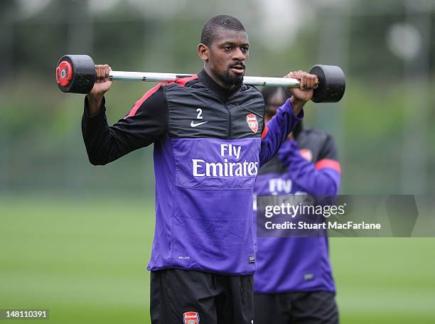 Abou Diaby of Arsenal exercises during a training session at London Colney on July 10, 2012 in St Albans, England.