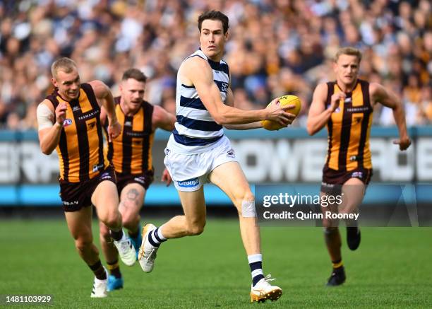 Jeremy Cameron of the Cats gathers the ball during the round four AFL match between Geelong Cats and Hawthorn Hawks at Melbourne Cricket Ground, on...