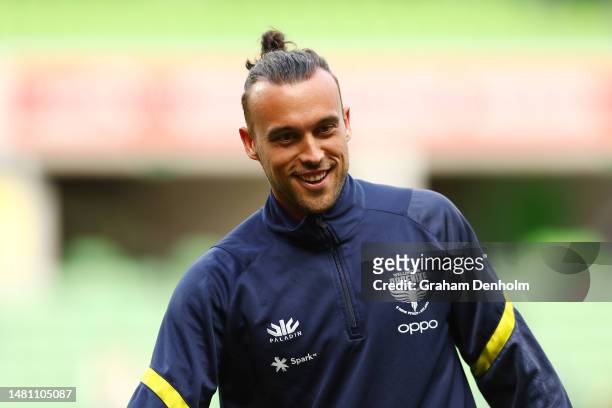 Clayton Lewis of the Phoenix smiles prior to the round 23 A-League Men's match between Melbourne City and Wellington Phoenix at AAMI Park on April...