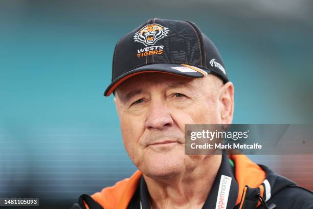 Wests Tigers coach Tim Sheens is interviewed during the round six NRL match between Wests Tigers and Parramatta Eels at Accor Stadium on April 10,...