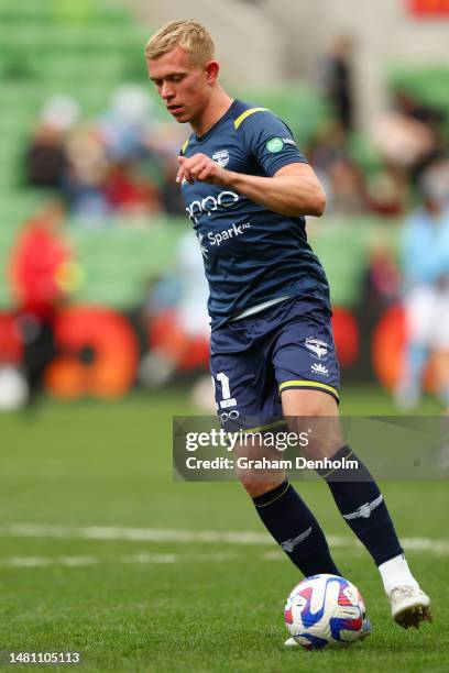 Joshua Laws of the Phoenix warms up prior to the round 23 A-League Men's match between Melbourne City and Wellington Phoenix at AAMI Park on April...