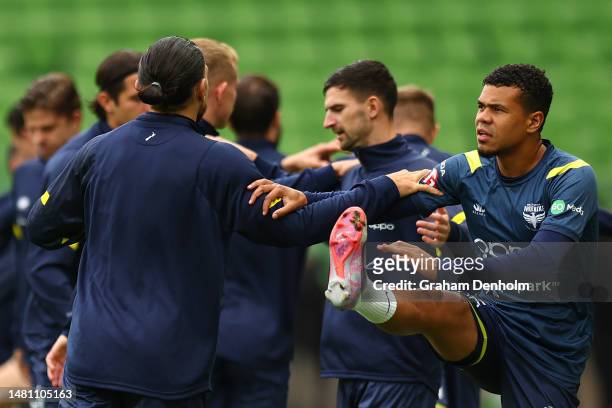 Yan Sasse of the Phoenix warms up prior to the round 23 A-League Men's match between Melbourne City and Wellington Phoenix at AAMI Park on April 10,...