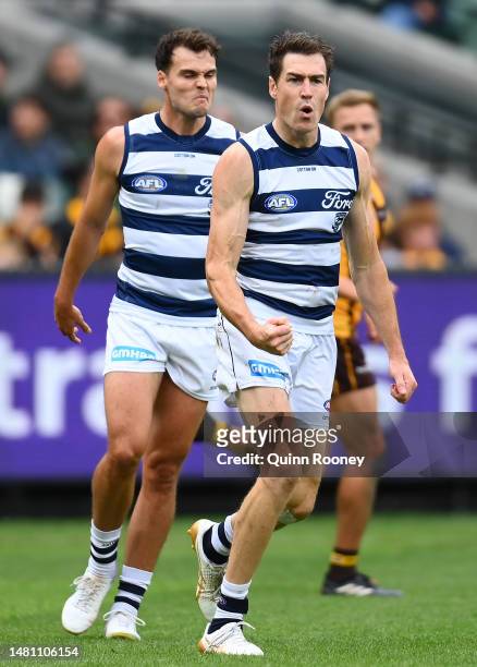 Jeremy Cameron of the Cats celebrates kicking a goal during the round four AFL match between Geelong Cats and Hawthorn Hawks at Melbourne Cricket...