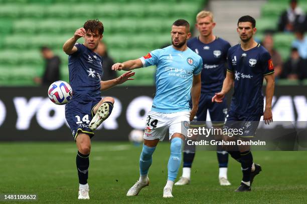 Alex Rufer of the Phoenix passes during the round 23 A-League Men's match between Melbourne City and Wellington Phoenix at AAMI Park on April 10,...