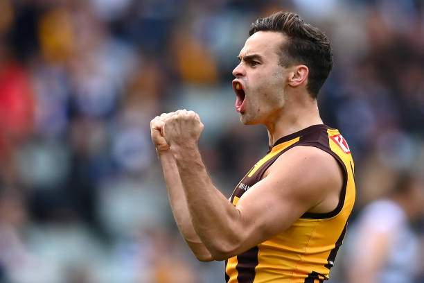 Karl Amon of the Hawks celebrates kicking a goal during the round four AFL match between Geelong Cats and Hawthorn Hawks at Melbourne Cricket Ground,...