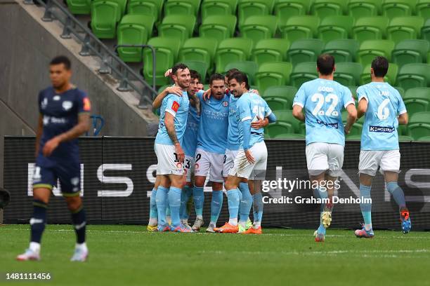 Jamie Maclaren of Melbourne City celebrates his goal during the round 23 A-League Men's match between Melbourne City and Wellington Phoenix at AAMI...