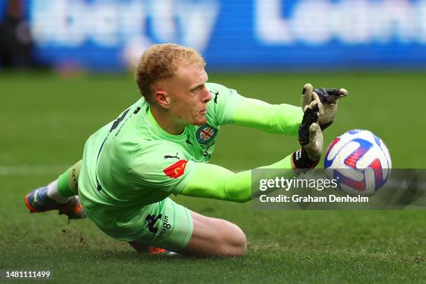 Tom Glover of Melbourne City makes a save during the round 23 A-League Men's match between Melbourne City and Wellington Phoenix at AAMI Park on...