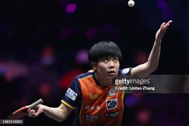 Cheng I-Ching of Chinese Taipei competes against Sofia Polcanova of Austria in their Women's singles Round of 32 match on day one of WTT Champions...