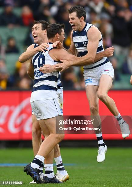 Tom Hawkins of the Cats is congratulated by team mates after kicking a goal during the round four AFL match between Geelong Cats and Hawthorn Hawks...
