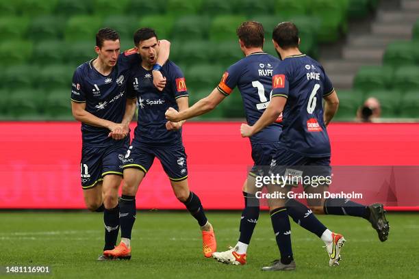 Steven Ugarkovic of the Phoenix celebrates his goal during the round 23 A-League Men's match between Melbourne City and Wellington Phoenix at AAMI...