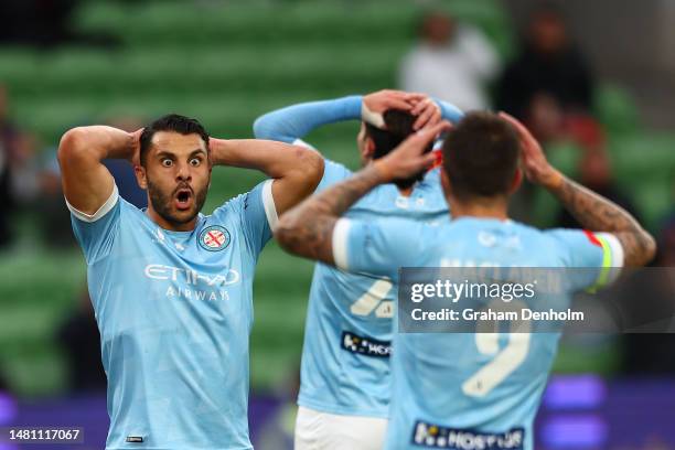 Andrew Nabbout of Melbourne City reacts to a missed attempt at goal during the round 23 A-League Men's match between Melbourne City and Wellington...