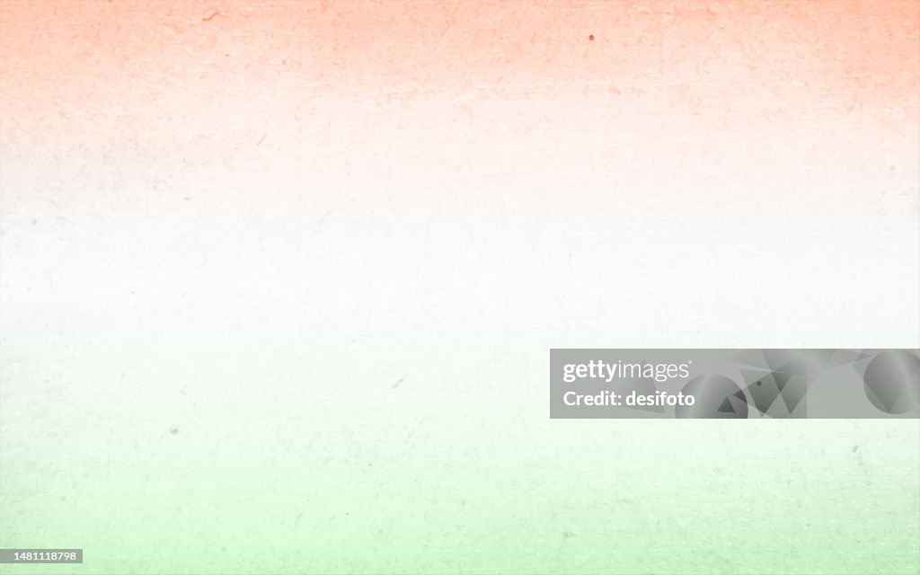 Horizontale Vektor-verschwommene Hintergründe aus dreifarbigen, verblassten, schwachen, verschmierten Licht, verblassendem pastellorangefarbenem Pfirsich oder Safran, weißen und grünen Farben wie in der Nationalflagge von Indien,
