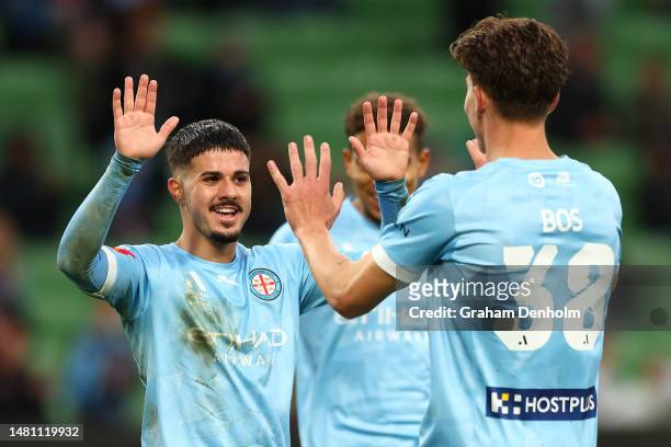 Marco Tilio of Melbourne City celebrates his second goal during the round 23 A-League Men's match between Melbourne City and Wellington Phoenix at...