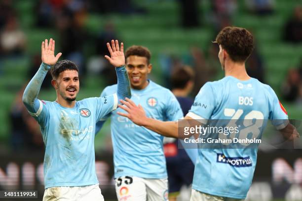 Marco Tilio of Melbourne City celebrates his second goal during the round 23 A-League Men's match between Melbourne City and Wellington Phoenix at...