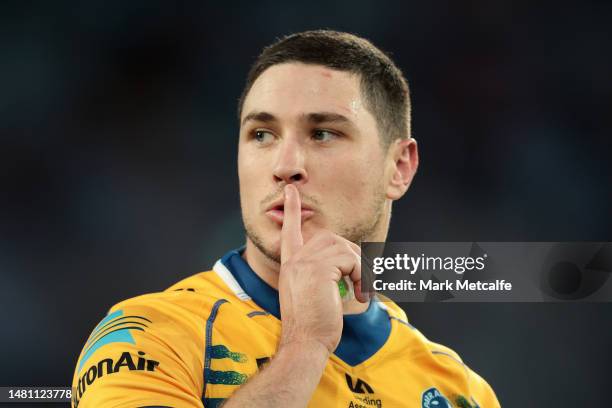 Mitchell Moses of the Eels gestures to the crowd after kicking a conversion during the round six NRL match between Wests Tigers and Parramatta Eels...