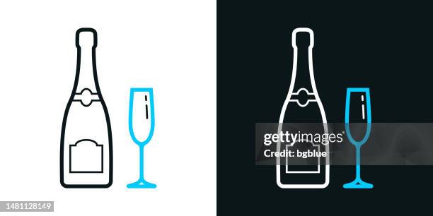 champagne bottle and glass. bicolor line icon on black or white background - editable stroke - prosecco stock illustrations