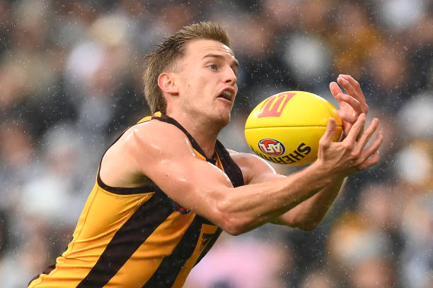 Harry Morrison of the Hawks marks during the round four AFL match between Geelong Cats and Hawthorn Hawks at Melbourne Cricket Ground, on April 10 in...