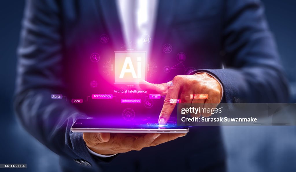 Internet technology and people's networks use AI to help with work, AI Learning or artificial intelligence in business and modern technology, AI technology in everyday life.