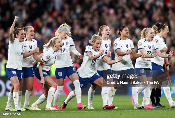 England celebrate during the penalty shoot out during the Women´s Finalissima match between England and Brazil at Wembley Stadium on April 06, 2023...