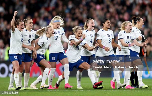 England celebrate during the penalty shoot out during the Women´s Finalissima match between England and Brazil at Wembley Stadium on April 06, 2023...