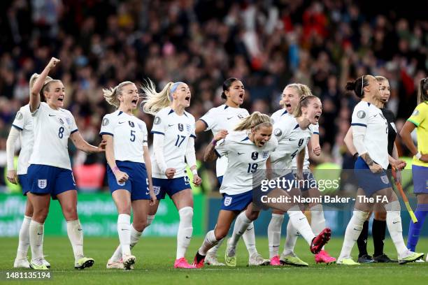 England celebrate during the penalty shoot out during the Women´s Finalissima match between England and Brazil at Wembley Stadium on April 06, 2023...