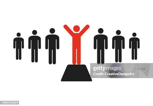 leadership, team leader and winner concept with red human icon standing on a podium. standing out from the crowd - select icon stock illustrations