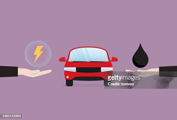 ilustrações de stock, clip art, desenhos animados e ícones de buy an electric car or petrol car - hybrid car