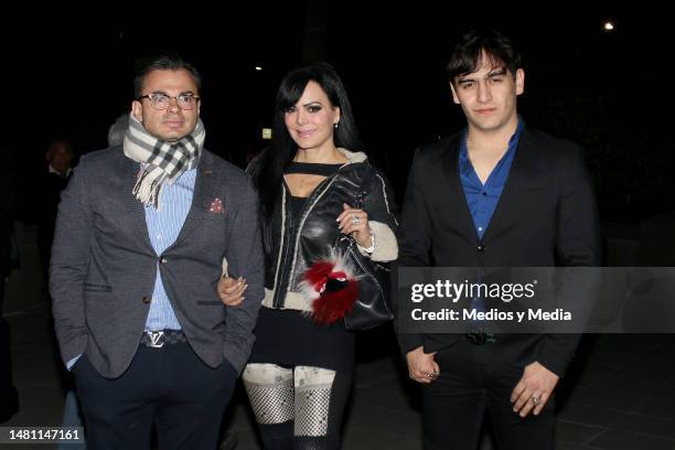 Marco Chacón, Maribel Guardia and Julián Figueroa pose for photo during Red Carpet of Mitzi designer new collection on May 31, 2023 in Mexico City,...