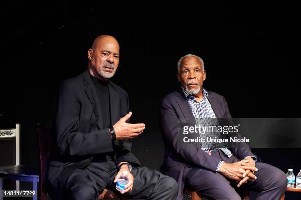 Ben Guillory and Danny Glover on stage during the Paul Robeson's 125th Birthday Celebration at The Los Angeles Theatre Center on April 09, 2023 in...