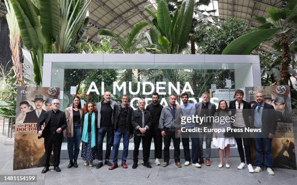 Family photo of the team of 'Los pacientes del doctor Garcia', during a photocall at the Puerta de Atocha-Almudena Grandes station, on 10 April, 2023...