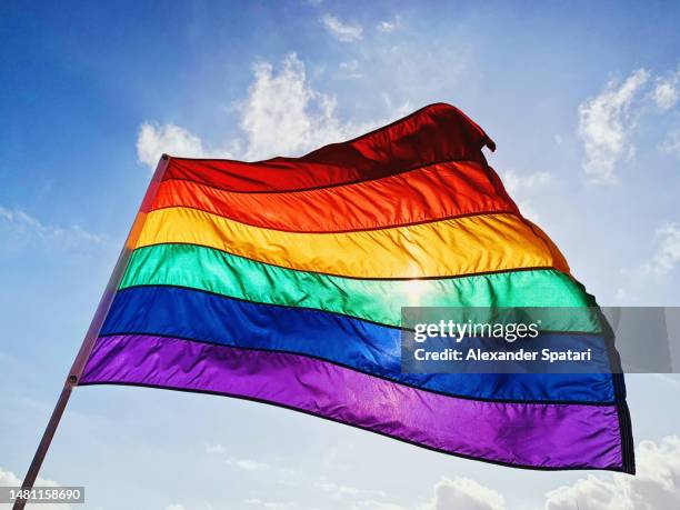 rainbow lgbtqia pride flag waving in the wind - stolz stock-fotos und bilder