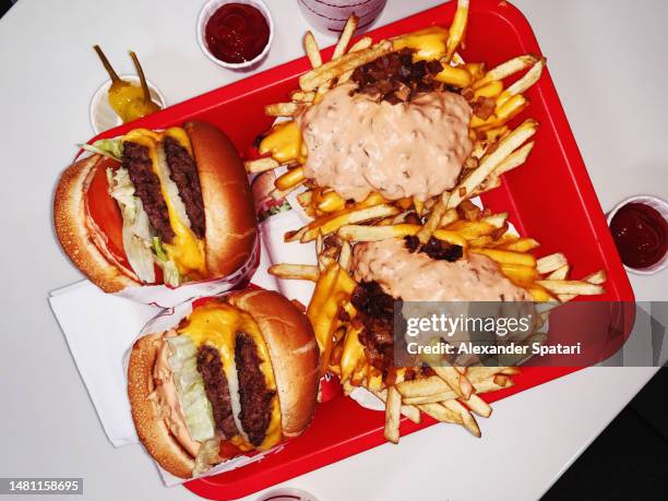 double cheeseburgers and cheese fries on a tray in fast food joint - tray stock pictures, royalty-free photos & images