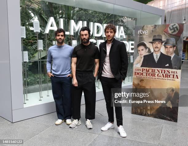 Actors Tamar Navas; Javier Rey and Jon Olivares pose during the photocall of 'Los pacientes del doctor Garcia', at Puerta de Atocha-Almudena Grandes...